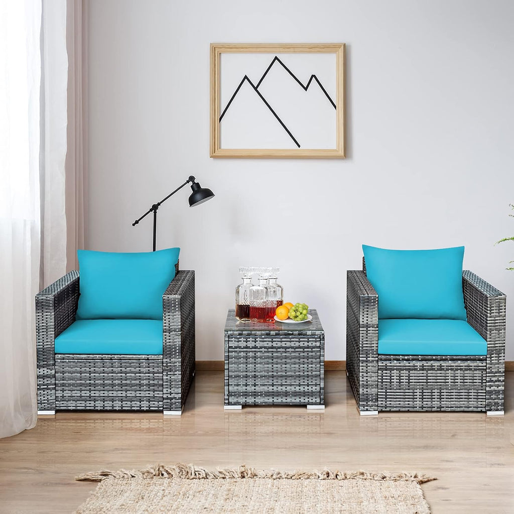 Tangkula 3 Pieces Patio Furniture Set, PE Rattan Wicker Sofa Set w/Washable Cushion and Tempered Glass Tabletop, Outdoor Conversation Furniture for Garden Poolside Backyard