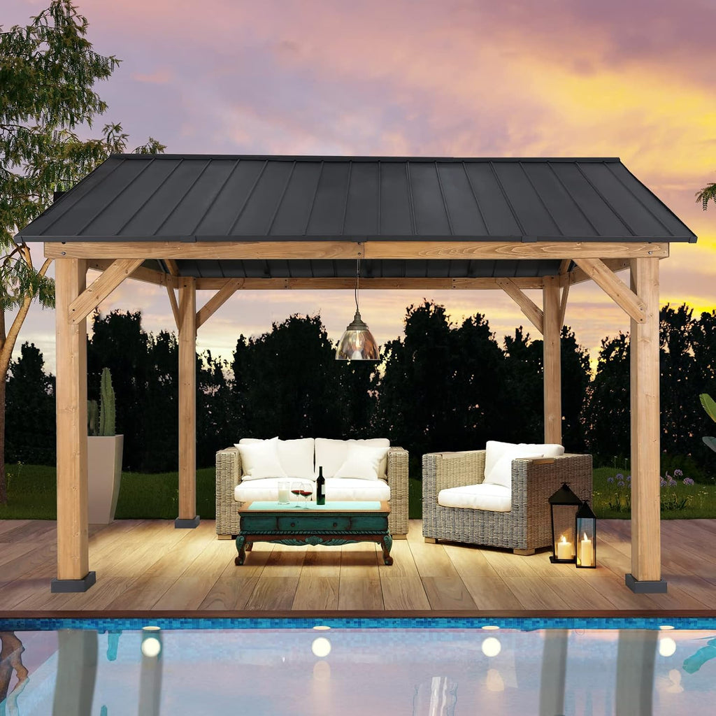 COOS BAY 11x13 Hardtop Gazebo with Cedar Wood Frame, Galvanized Steel Gable Roof with UV Protection for Garden, Patio, Poolside, Backyard, Natural Wood/Black