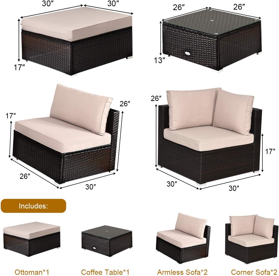 Tangkula 6 Piece Patio Furniture Set, Outdoor Deck Lawn Backyard Durable Steel Frame PE Rattan Wicker Sectional Sofa Set, Conversation Set with Coffee Table (Beige)