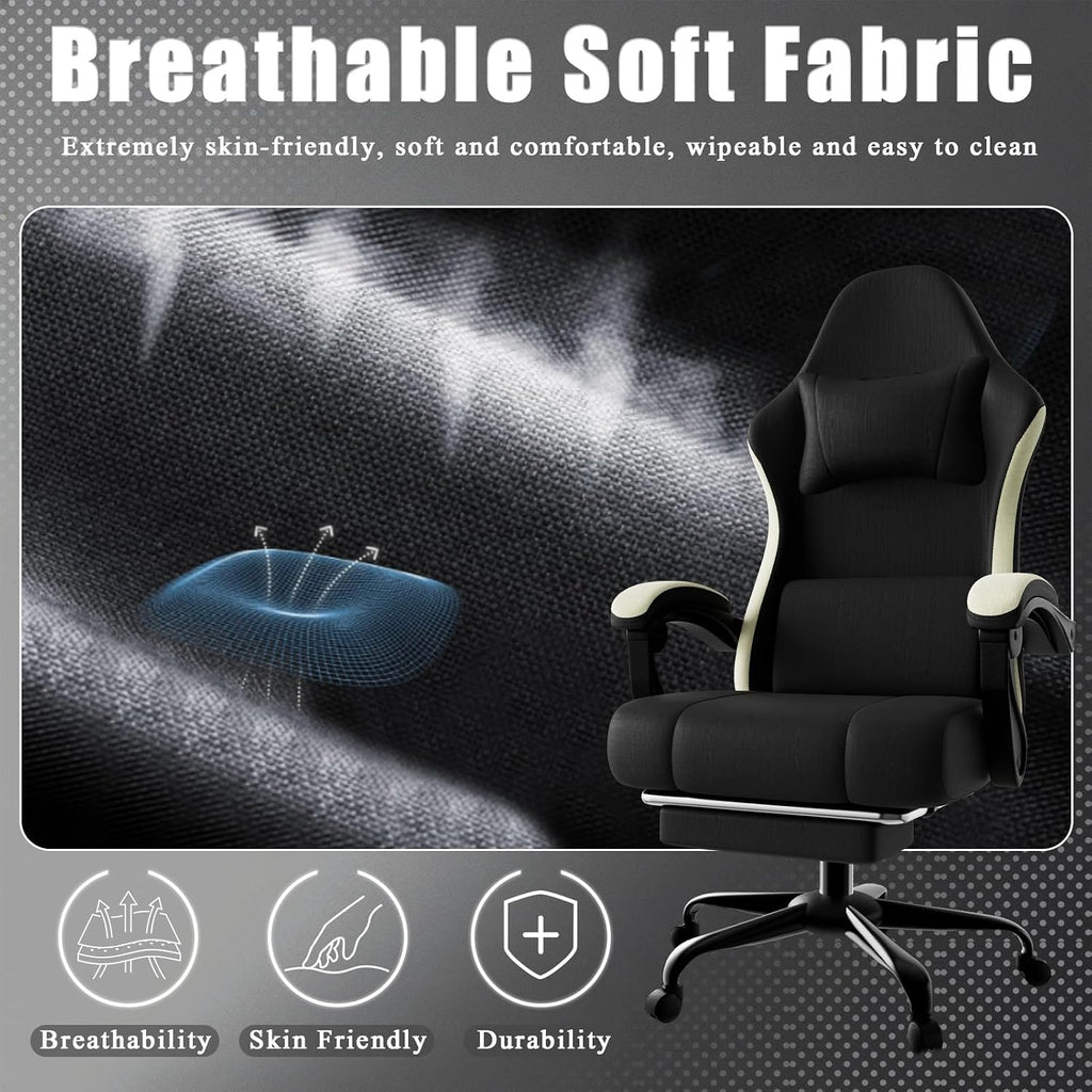 Gaming Chair, High Back Fabric Computer Chair with Pocketed Spring Cushion and Footrest, Height Adjustable Game Chair with Headrest and Lumbar Support (Beige & Black)