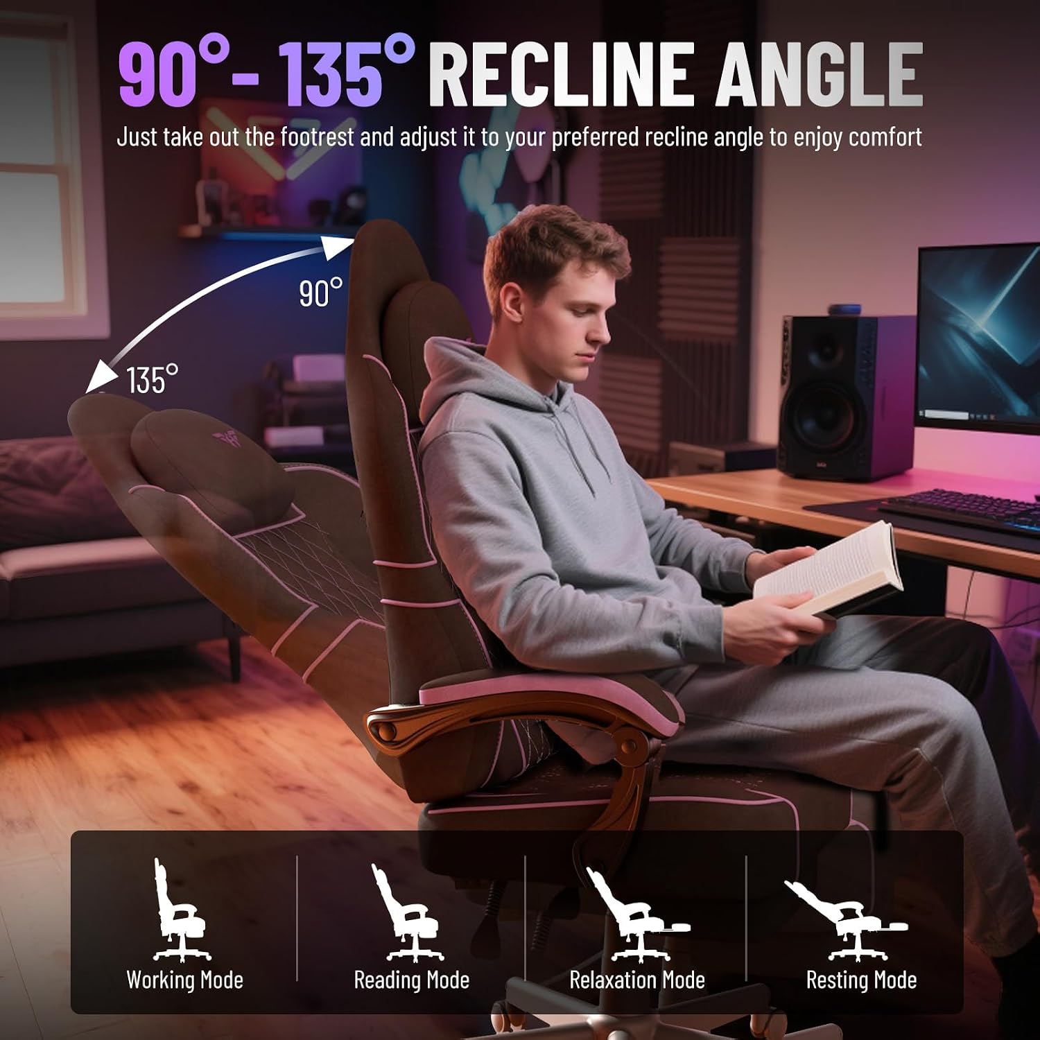 Ferghana Gaming Chair, Velvet Fabric Comfortable Computer Chair with Footrest and Linkage Armrest, Ergonomic High Back Game Chair with Massage Lumbar Support for Adult, Black/Purple