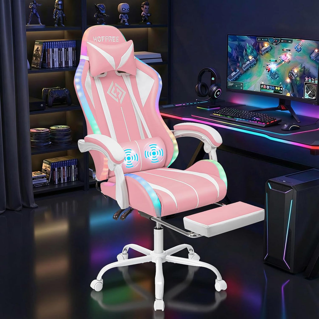 HOFFREE Gaming Chair with LED RGB Lights with Massage and Footrest Ergonomic Computer Chair High Back Video Game Chair with Adjustable Lumbar Support Linkage Armrest Pink and White