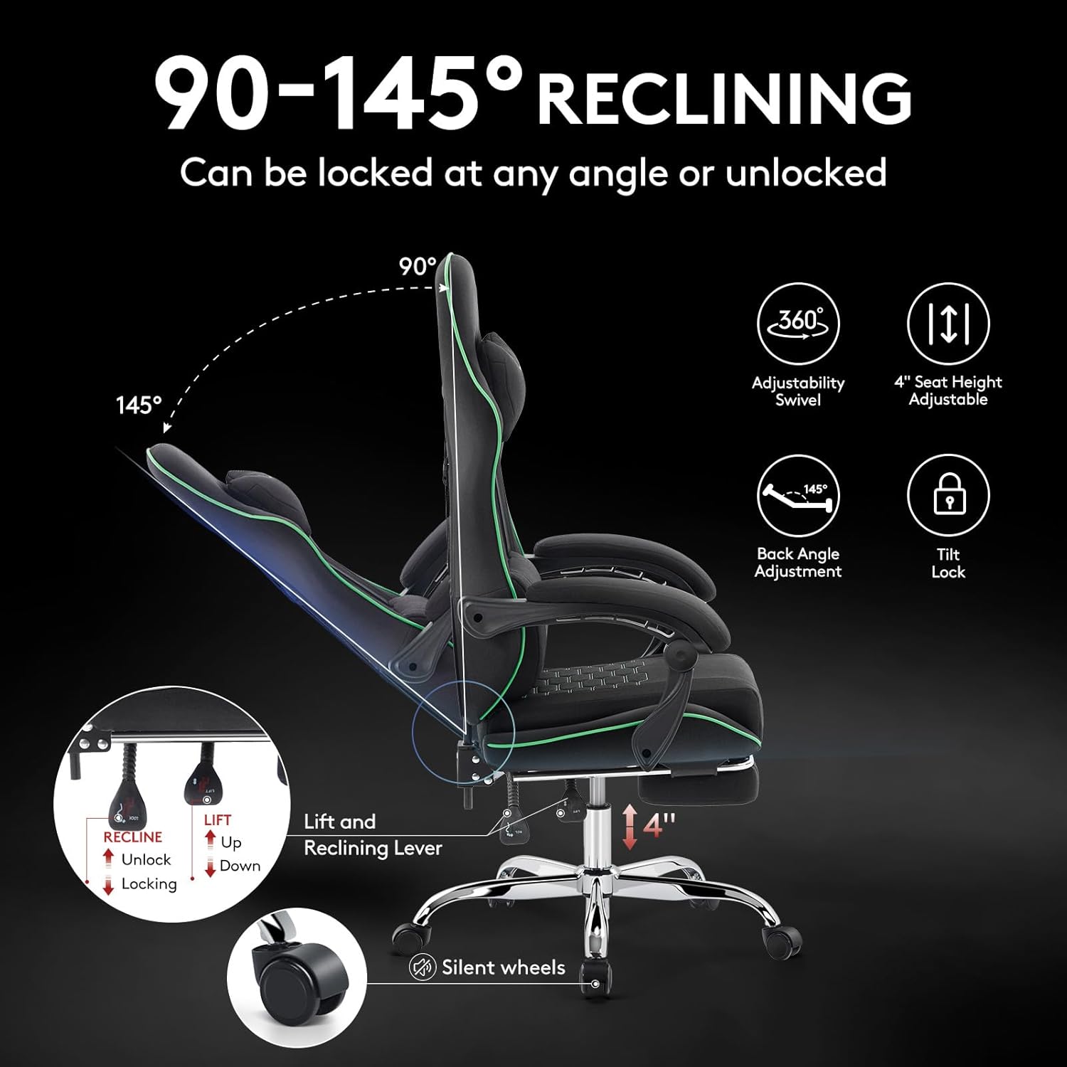 Gaming Chair Breathable Fabric,Computer Office Chair with Footrest,Massage Lumbar Support and Gel Pad,Ergonomic Reclining Adjustable Gamer Chair with Headrest and Spring Cushion Black Green