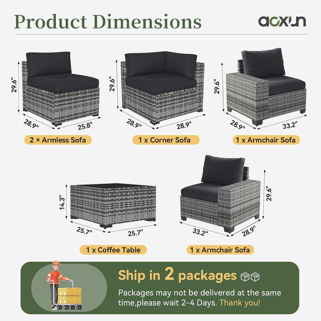 Aoxun 6 Piece Patio Furniture Set with Wide Armrests Wicker Rattan Outdoor Sectional Sofa Set with Coffee Table and Thickened Cushions, Grey/Black(Waterproof Cover Included)