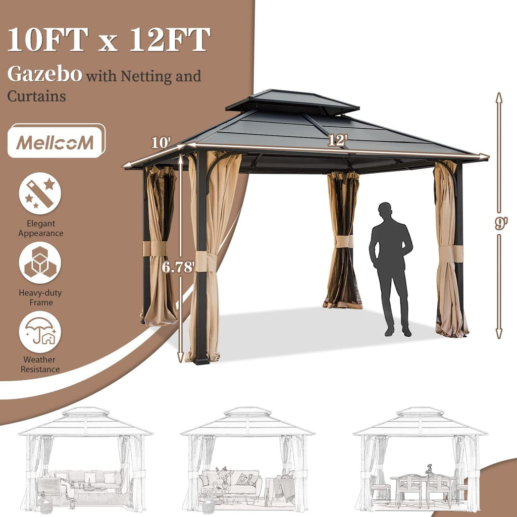 MELLCOM 10'x12' Hardtop Gazebo with Double Roof, Anti-Rust Coating Iron Top Metal Gazebos with Curtains and Netting, Hook Design Waterproof Canopy for Patios, Gardens, Lawns, and Backyards