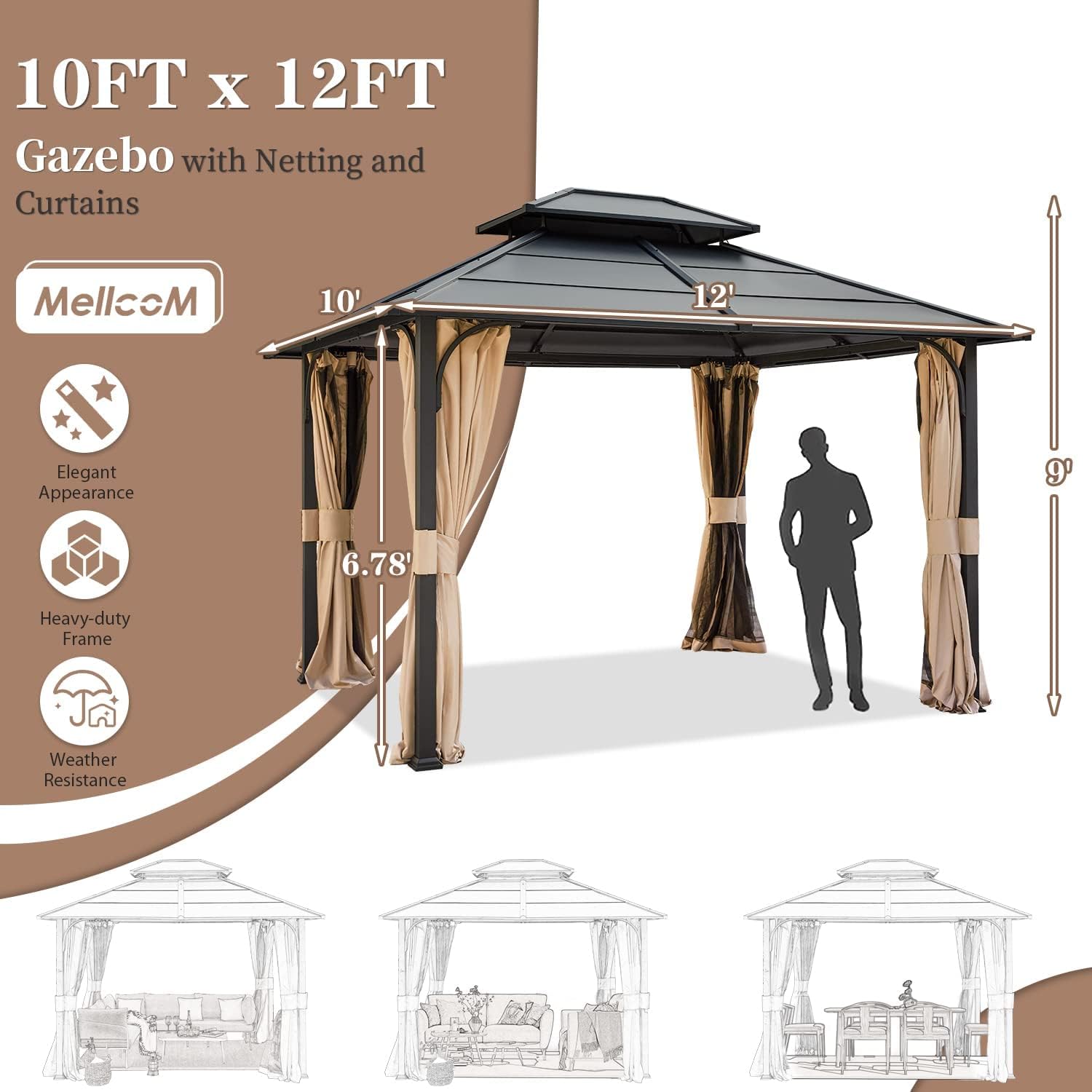 MELLCOM 10'x12' Hardtop Gazebo with Double Roof, Anti-Rust Coating Iron Top Metal Gazebos with Curtains and Netting, Hook Design Waterproof Canopy for Patios, Gardens, Lawns, and Backyards