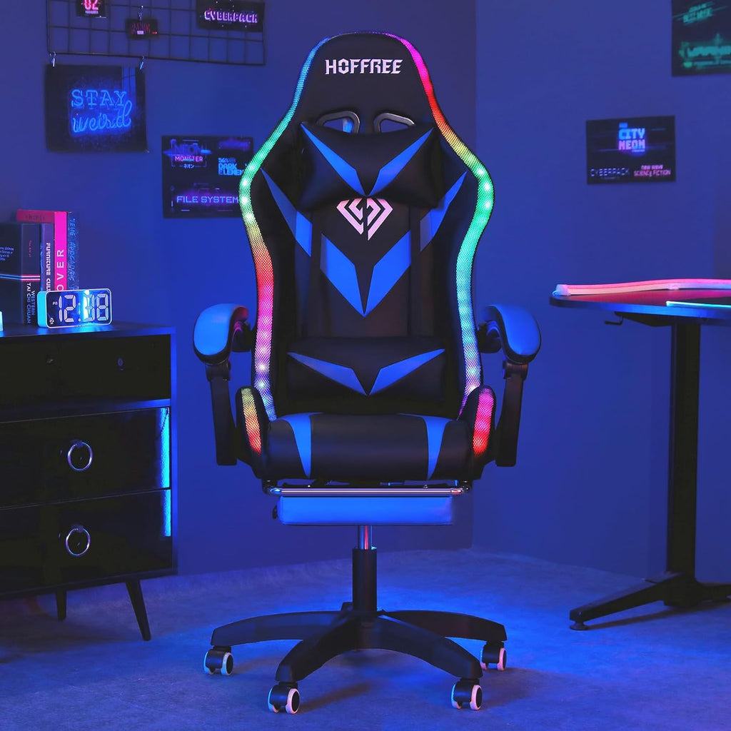 HOFFREE Gaming Chair Massage with Bluetooth Speakers and Led Lights Ergonomic Computer Gaming Chair with Footrest RGB Video Game Chair with High Back Lumbar Support Blue and Black