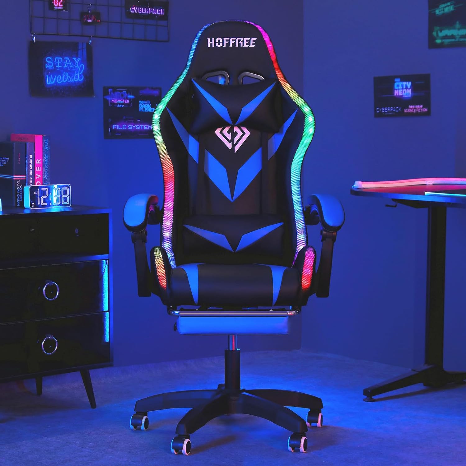 HOFFREE Gaming Chair Massage with Bluetooth Speakers and Led Lights Ergonomic Computer Gaming Chair with Footrest RGB Video Game Chair with High Back Lumbar Support Blue and Black