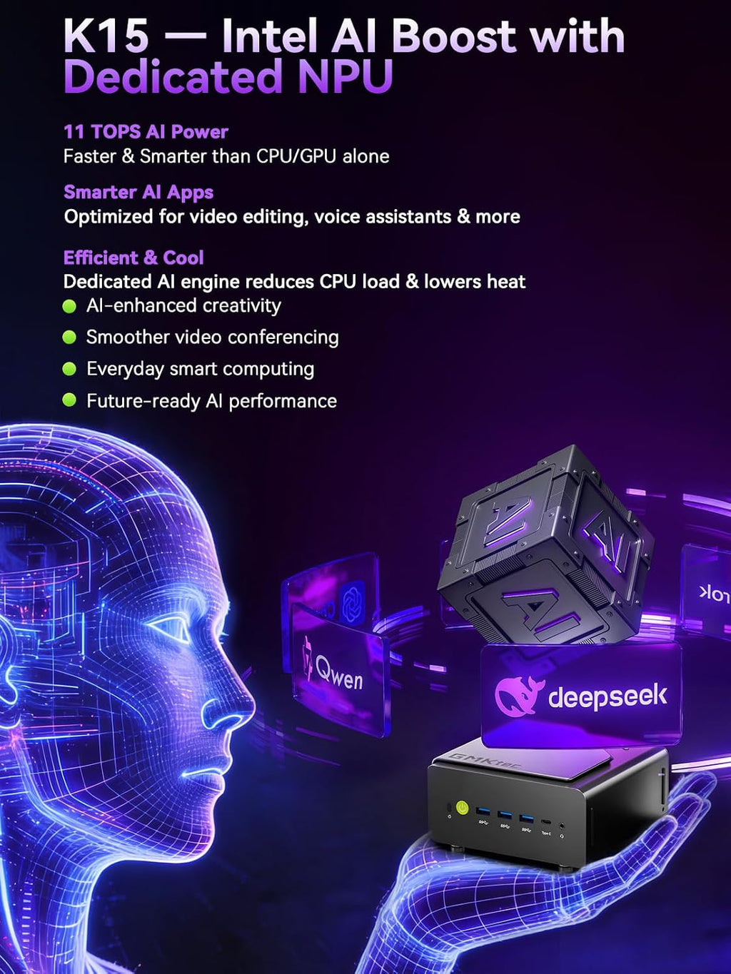 GMKtec K15 AI Mini PC Oculink Intel Ultra 5 125U 32GB DDR5 512GB SSD, Desktop Computer AI Boost, 3X M.2 2280 Storage Expansion, Dual NIC 2.5GbE, HDMI 2.1, USB4
