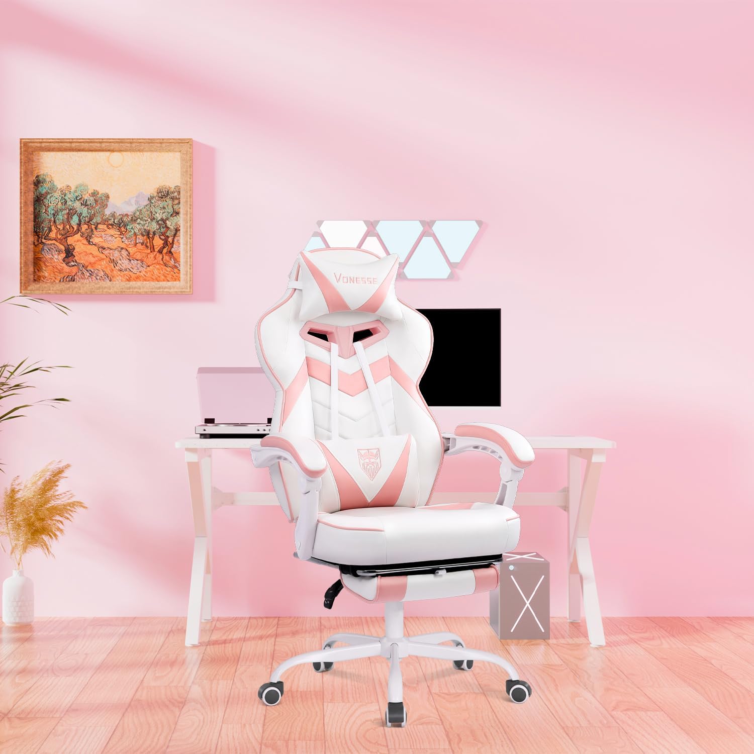 Vonesse Gaming Chair, High Back Pink Gaming Chair with Footrest and Massage, Gaming Chairs for Adults with Pocket Spring Cushion, Big and Tall Reclining Computer Chair with Lumbar Support (White/Pink)