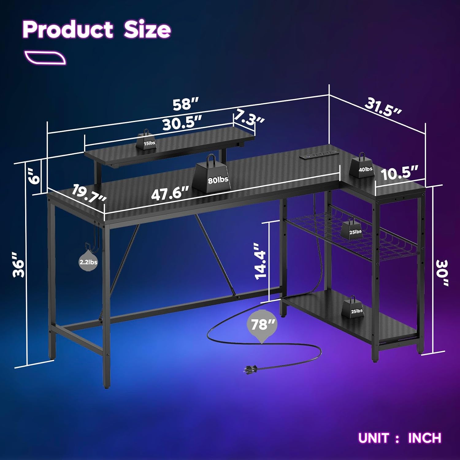 Bestier 58 L Shaped Gaming Desk with LED Lights & Power Outlets,Reversible Home Office Corner Desk with Shelves,Larger PC Workstation with Hooks for Studying,Desk for Bedroom,Carbon Fiber Black