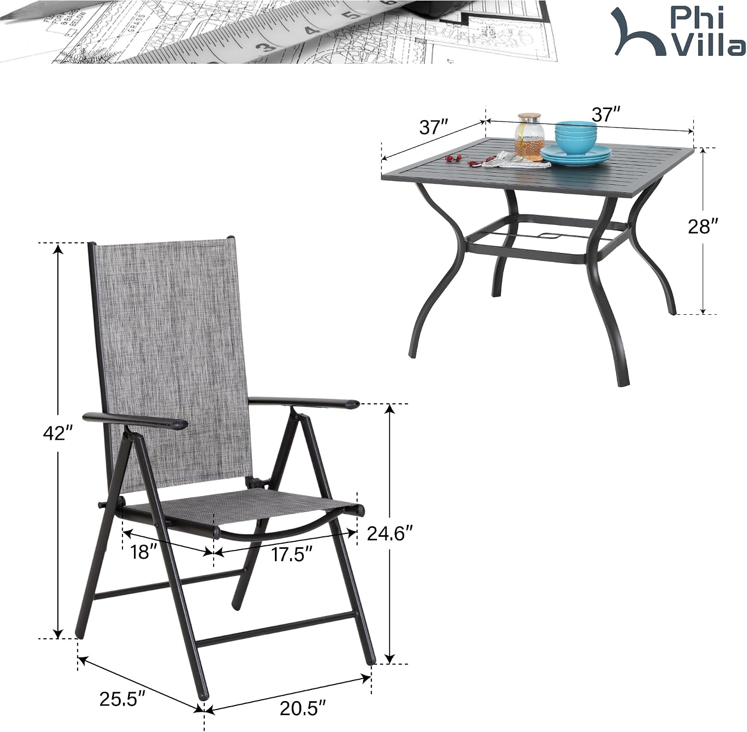PHI VILLA 5-Piece Outdoor Dining Set for 4, All-Weather Grey Patio Furniture Set with Adjustable Folding Chairs & Square Metal Steel Table - Lightweight Portable Backyard Garden Set