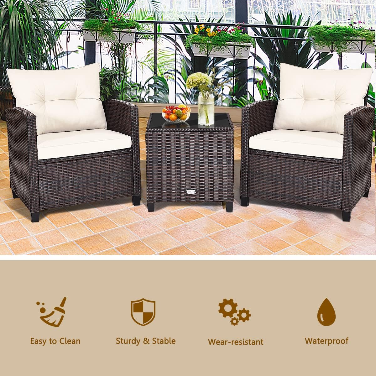 COSTWAY 3PCS Patio Furniture Set, PE Rattan Wicker Sofa w/Washable Cushion and Coffee Table, Tempered Glass Tabletop, Outdoor Conversation Set for Balcony, Porch, Yard, Backyard, Lawn, White