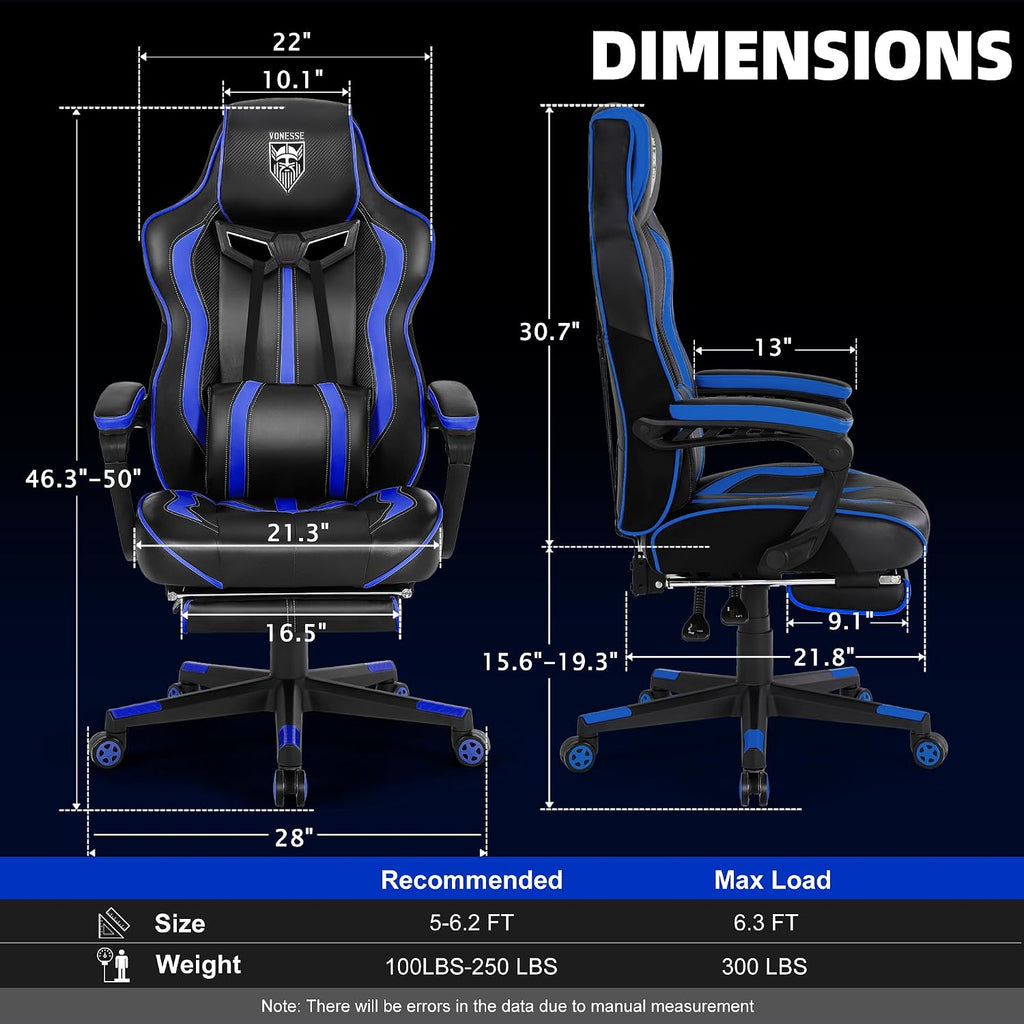 Vonesse Gaming Chairs for Adults, Gamer Chair with Footrest and Massage, Reclining Big and Tall Ergonomic Gaming Chair, Computer Chairs for Heavy People 300LBS (Blue/Black)