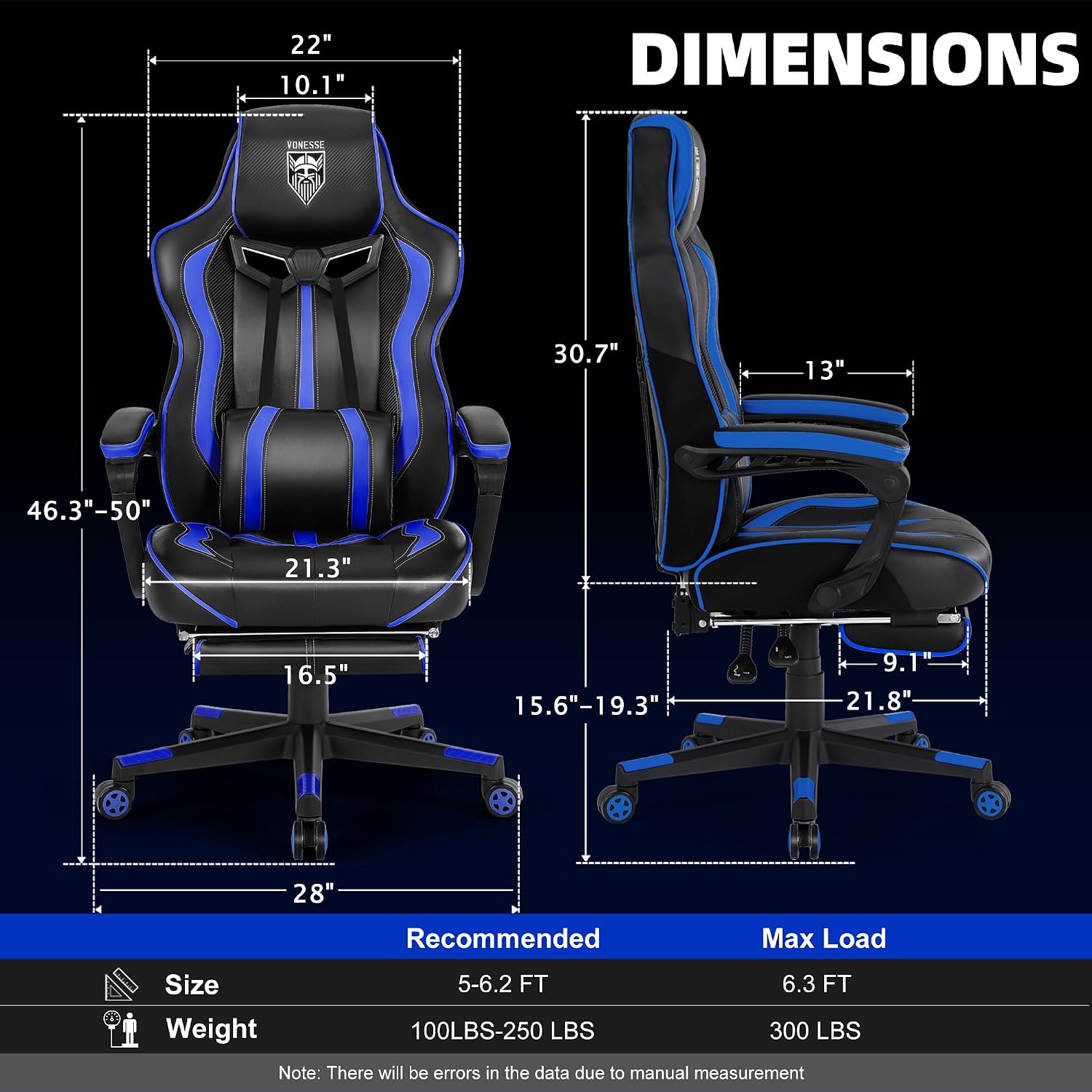 Vonesse Gaming Chairs for Adults, Gamer Chair with Footrest and Massage, Reclining Big and Tall Ergonomic Gaming Chair, Computer Chairs for Heavy People 300LBS (Blue/Black)