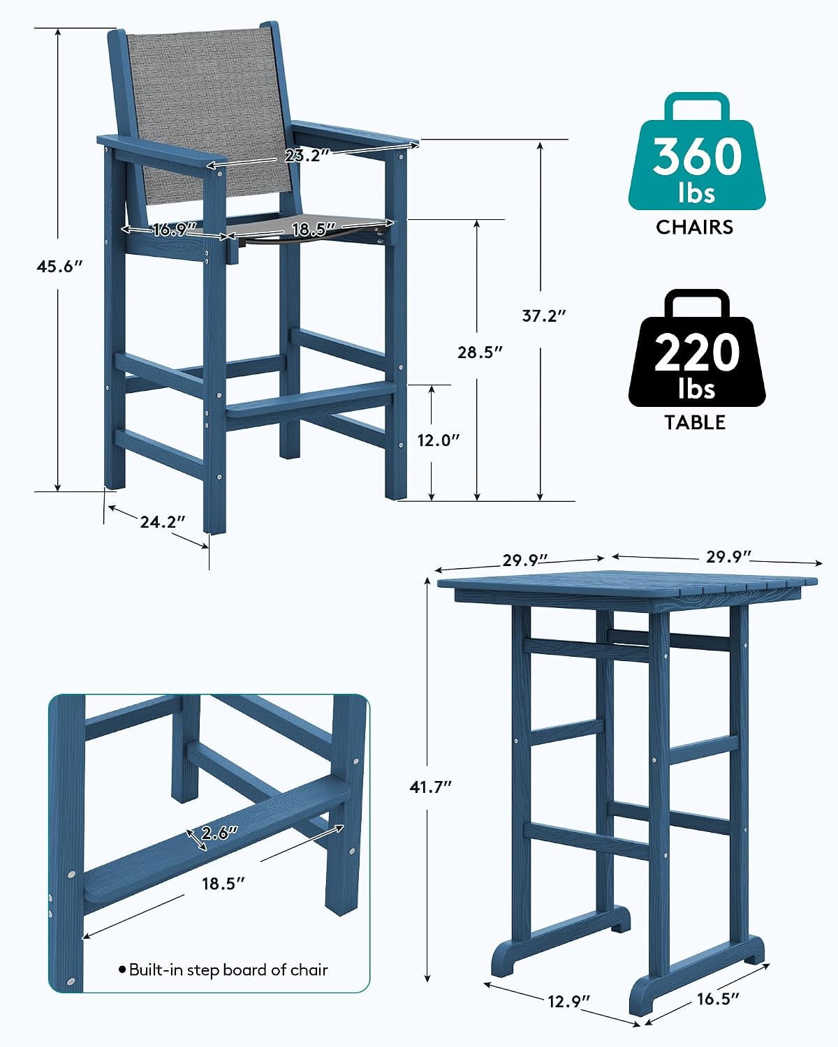 SERWALL 3 Pieces Textilene Adirondack Bar Set, Tall Adirondack Bar Height Chairs with Bar Table, Sling Balcony Adirondack Chairs, Weather Resistance Resin Outdoor Bar Height Stools, Blue