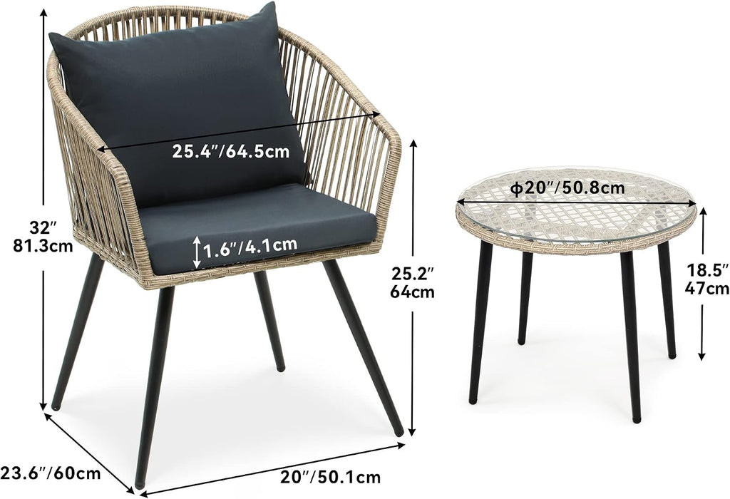 YITAHOME 3-Piece Outdoor Patio Furniture Wicker Bistro Set, All-Weather Rattan Conversation Chairs for Backyard, Balcony and Deck with Soft Cushions, Glass Side Table, Gray Rattan