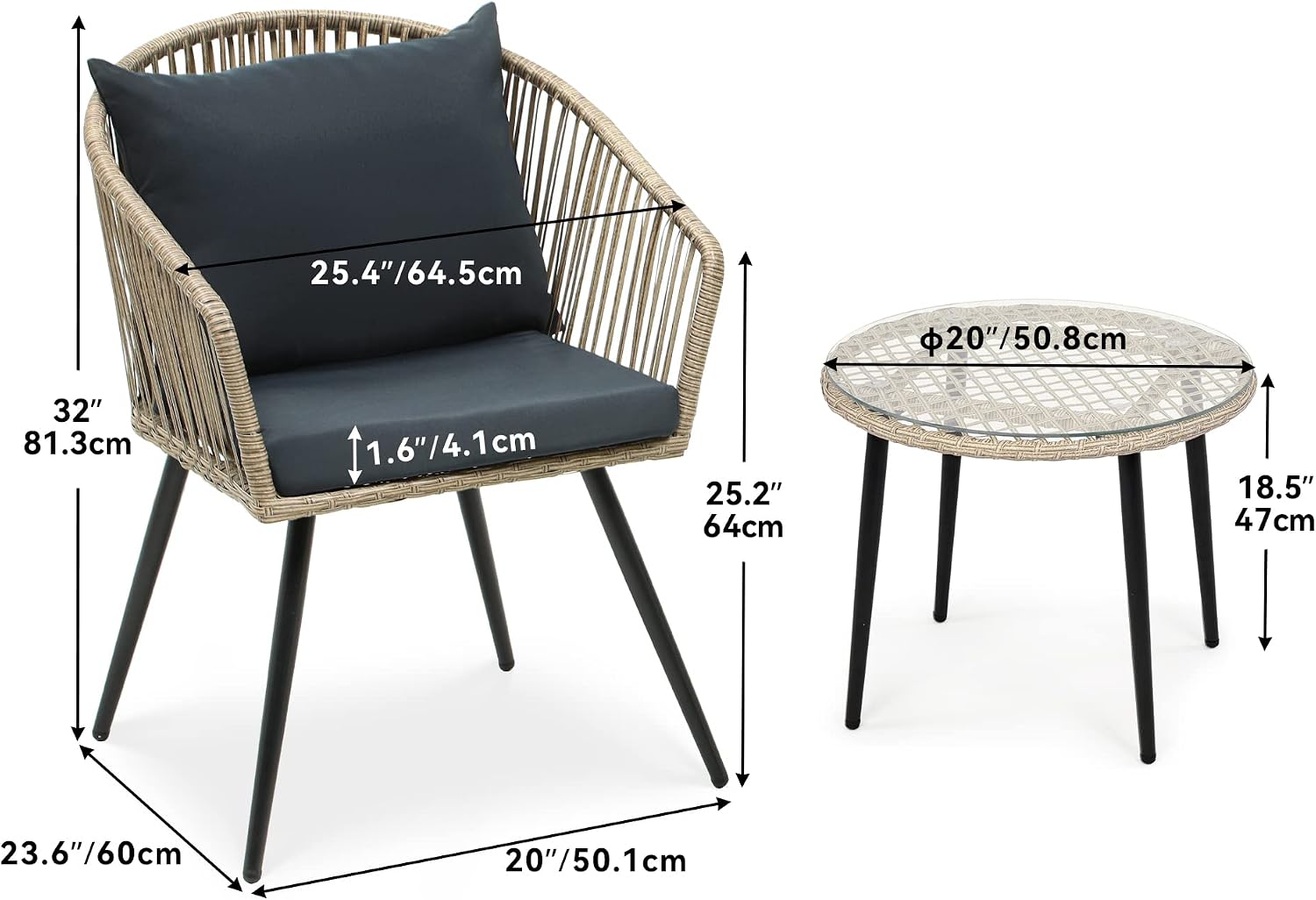YITAHOME 3-Piece Outdoor Patio Furniture Wicker Bistro Set, All-Weather Rattan Conversation Chairs for Backyard, Balcony and Deck with Soft Cushions, Glass Side Table, Gray Rattan