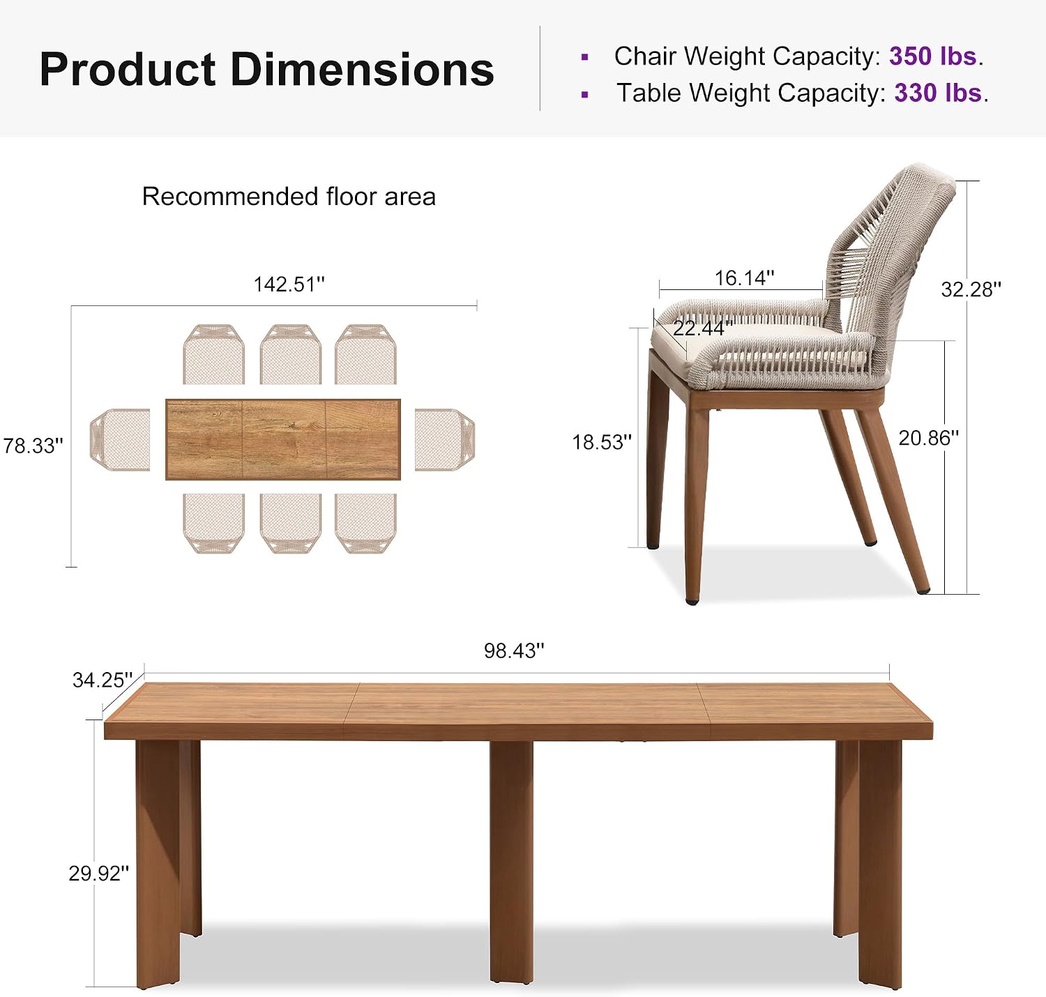 PURPLE LEAF 9 Pieces Dining Set Patio Metal Rectangular Table and Wicker Rattan Chairs for Outside Porch Garden Kitchen Modern Outdoor Furniture Sets