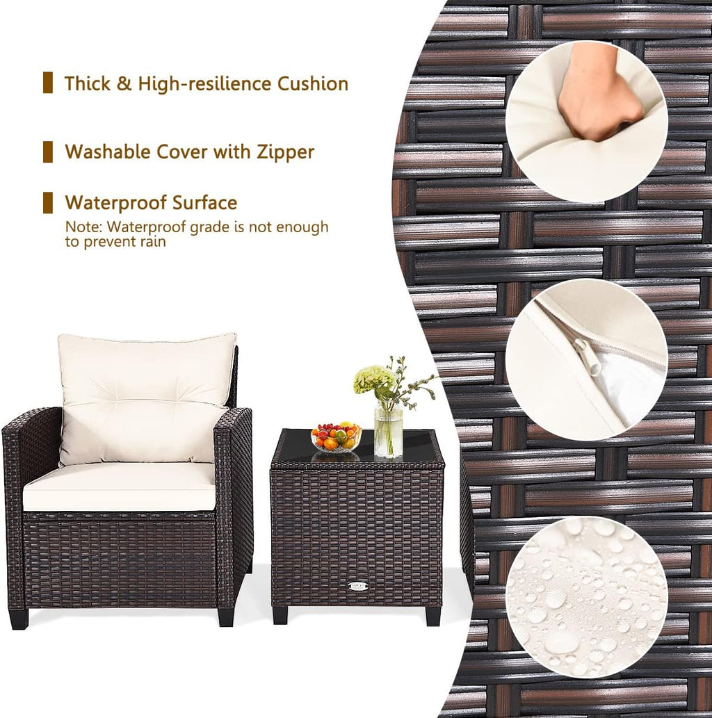 COSTWAY 3PCS Patio Furniture Set, PE Rattan Wicker Sofa w/Washable Cushion and Coffee Table, Tempered Glass Tabletop, Outdoor Conversation Set for Balcony, Porch, Yard, Backyard, Lawn, White
