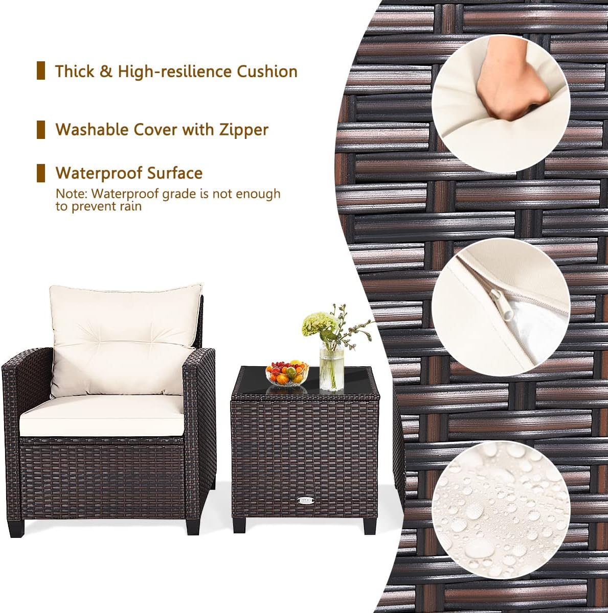 RELAX4LIFE 3 Piece Patio Furniture Set, Wicker Bistro Conversation Set w/ 2 Cushioned Armchairs & Glass Topped Table, Outdoor Rattan Sofa for Porch Balcony Poolside (White)
