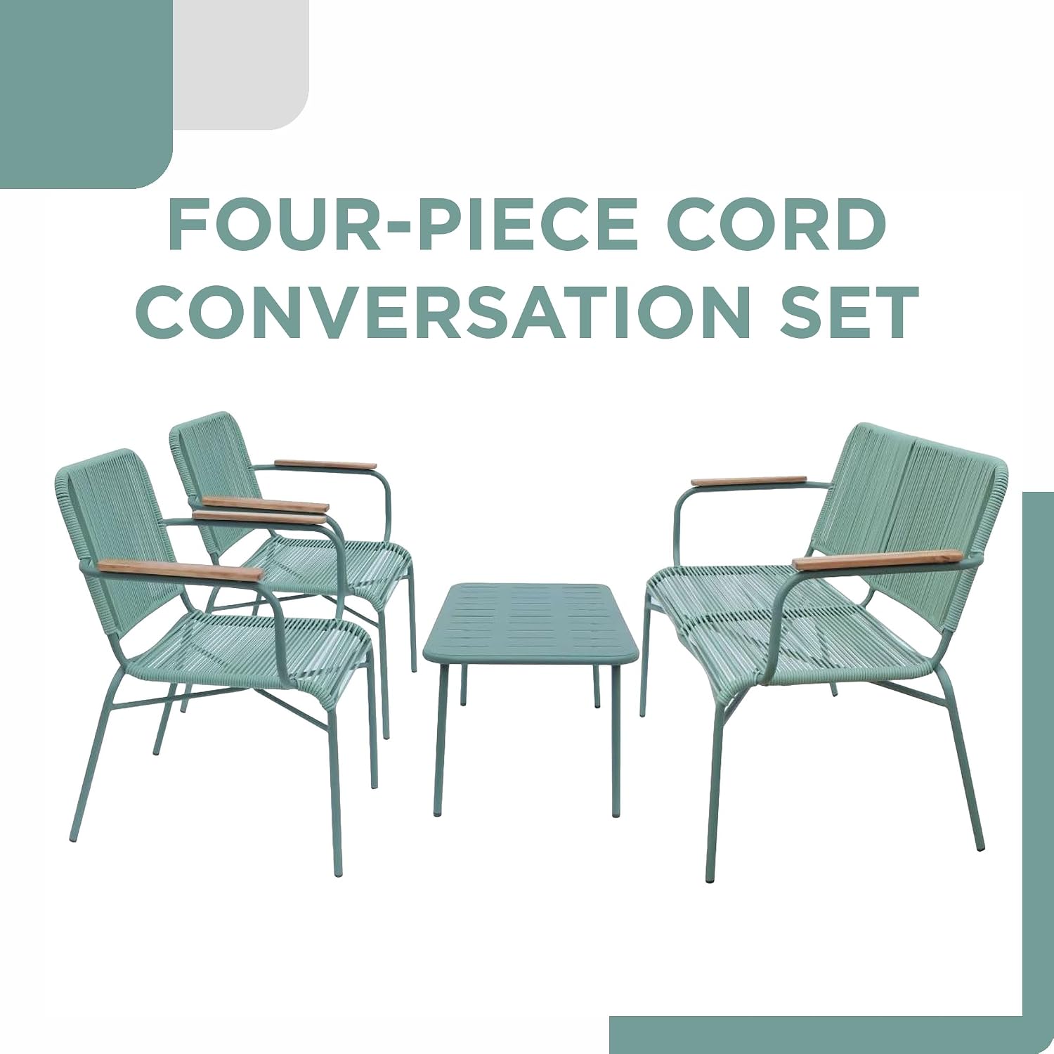 Alpine Corporation VTFAM170A 4-Piece Outdoor Rope Woven Patio Conversation Set – Sofa Bench, 2 Armchairs & Coffee Table – Modern Metal Frame with Wood Armrests – Indoor/Outdoor Seating Set