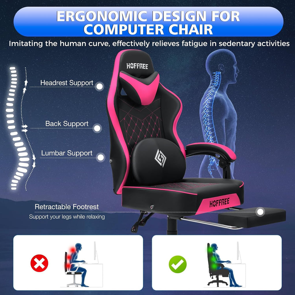 HOFFREE Gaming Chair Computer Chair with Speakers Massage Game Chairs with Footrest Bluetooth High Back Ergonomic Computer Gaming Chairs for Adults Reclining Video Gamer Chair Pink and Black