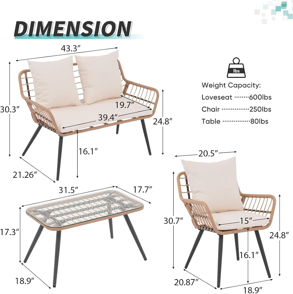 Verano Garden 4 Pieces Patio Furniture Set, Outdoor Wicker Patio Conversation Set for Porch Deck, Boho Loveseat & 2 Armchairs with Cushion and Pillow, Tempered Glass Table