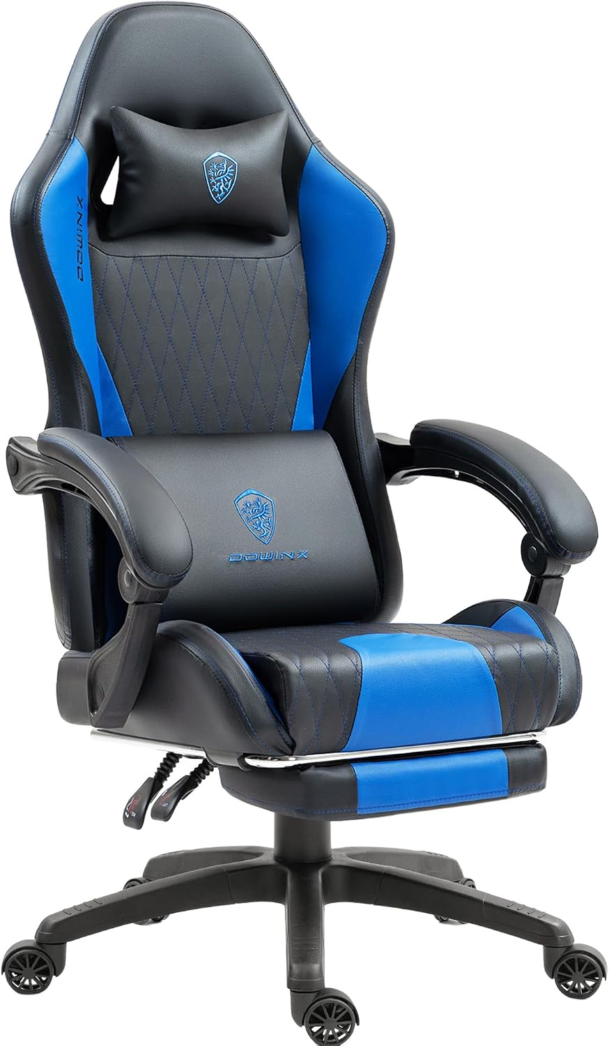 Dowinx Gaming Chair with Massage Lumbar Support and Footrest, Gaming Chairs for Adults, Ergonomic Computer Chair High Back with Pocket Spring Cushion, Swivel Recliner with Headrest, Blue