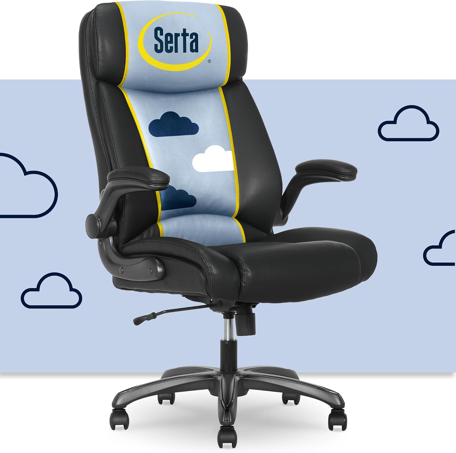Serta Torrington Big & Tall Office Chair, with Flip-Up Padded Armrests, Ultra-Comfortable ComfortCoils Seat Cushion Technology, Modern Executive Premium PU Desk Chair, Black