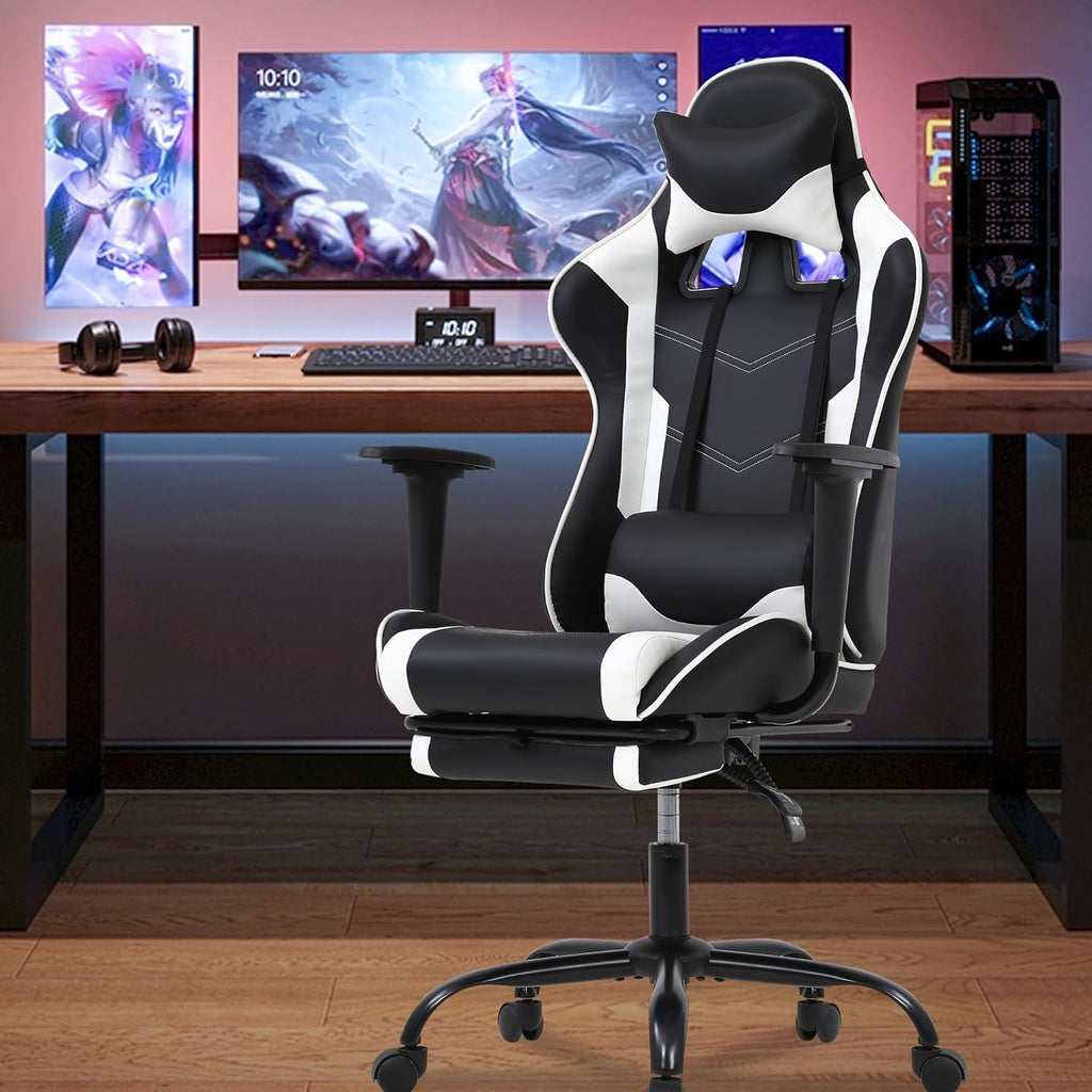 BestOffice PC Gaming Chair Racing Office Chair Ergonomic Desk Chair Massage PU Leather Recliner Computer Chair with Lumbar Support Headrest Armrest Footrest Rolling Swivel Task Chair for Adults, White