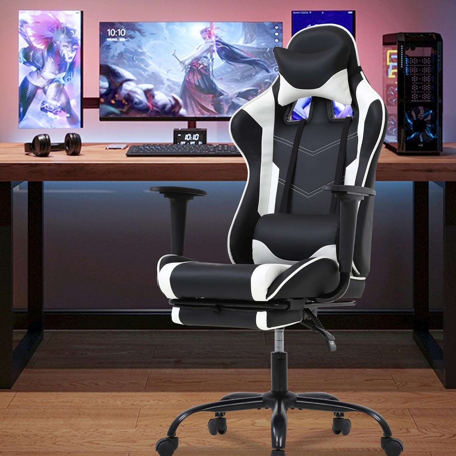 BestOffice PC Gaming Chair Racing Office Chair Ergonomic Desk Chair Massage PU Leather Recliner Computer Chair with Lumbar Support Headrest Armrest Footrest Rolling Swivel Task Chair for Adults, White