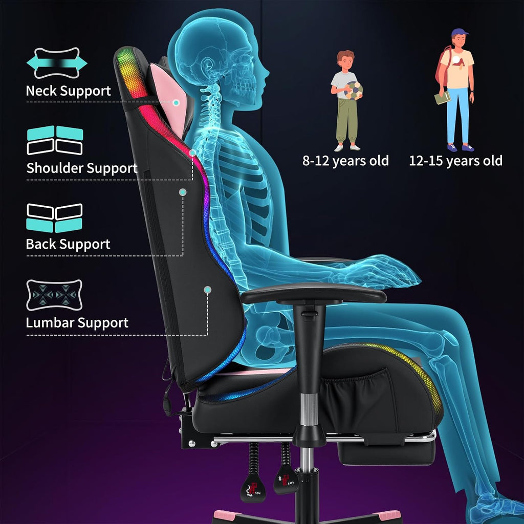 HOFFREE RGB LED Gaming Chair for Kids Reclining Gaming Chairs for Teens 8-15 Computer Chair with RGB Lights Kids PC Game Chair with Footrest and Lumbar Support Video Game Chairs Pink and Black