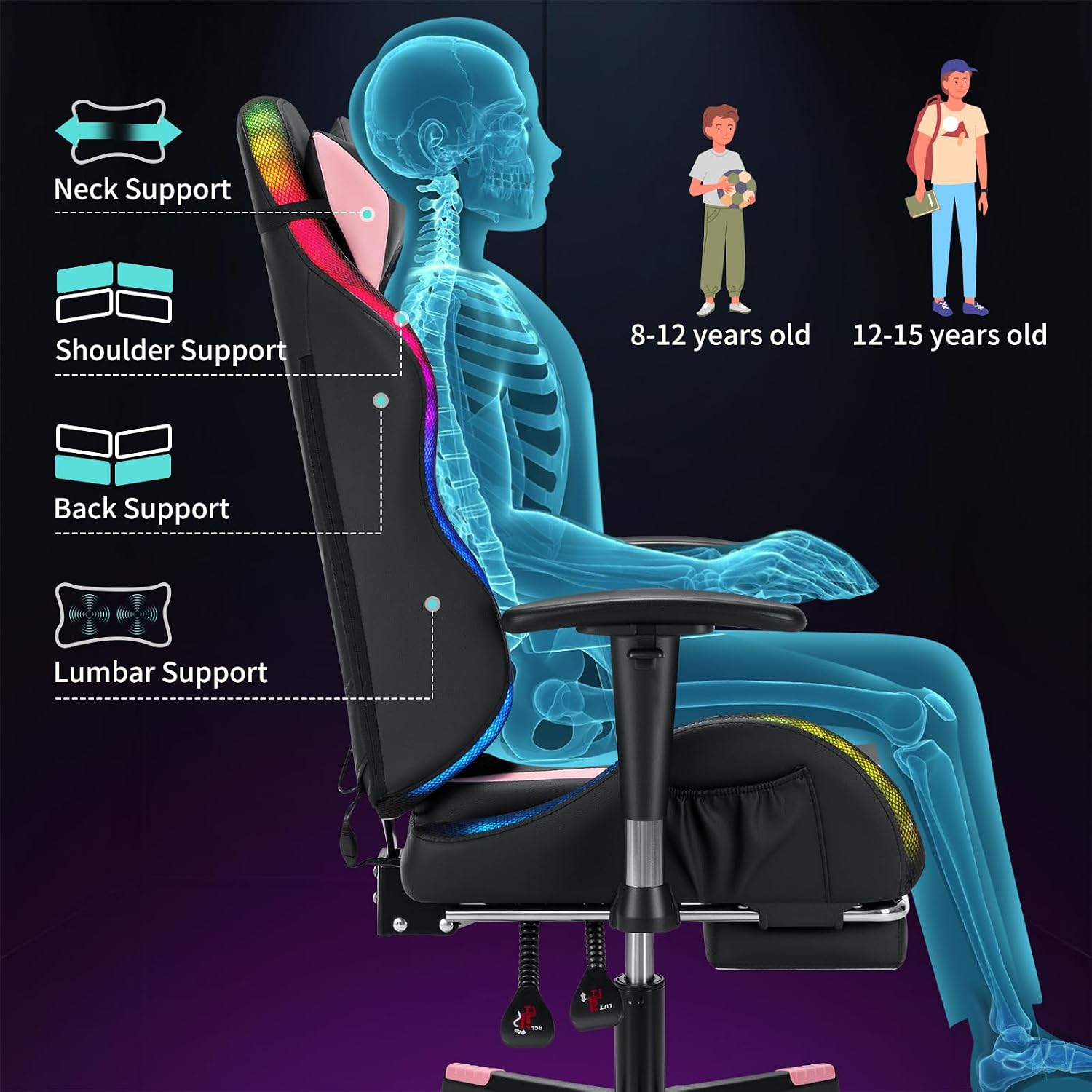 HOFFREE RGB LED Gaming Chair for Kids Reclining Gaming Chairs for Teens 8-15 Computer Chair with RGB Lights Kids PC Game Chair with Footrest and Lumbar Support Video Game Chairs Pink and Black