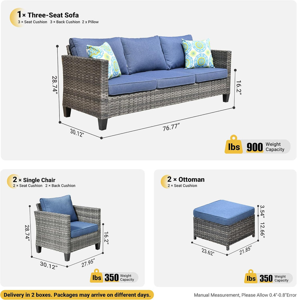 ovios 5-Pieces Patio Furniture Set, Outdoor Wicker Sofa Couch with Ottomans Comfy Cushions, Modern Conversation Set for Backyard Porch, Denim Blue