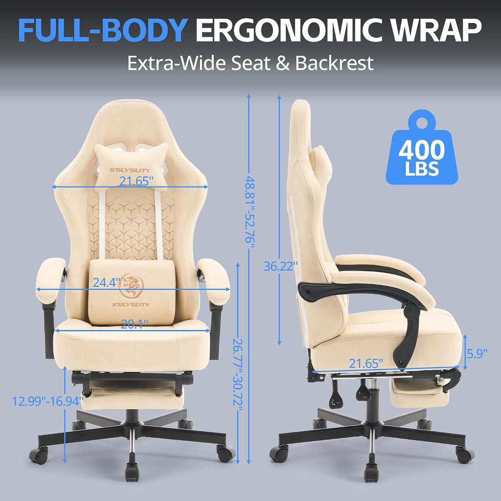Gaming Chair Breathable Leather with Pocket Spring Cushion, Wide and High Ergonomic Office Chair with Headrest, Computer Gaming Chair with Footrest for Adult and Teen (Beige Leather)