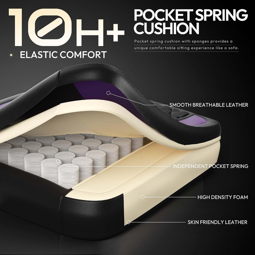 Dowinx Gaming Chair with Pocket Spring Cushion, Ergonomic Computer Chair with Massage Lumbar and Footrest for Adults, High Back Game Chair Leather for Office Gaming 300LBS, Purple New