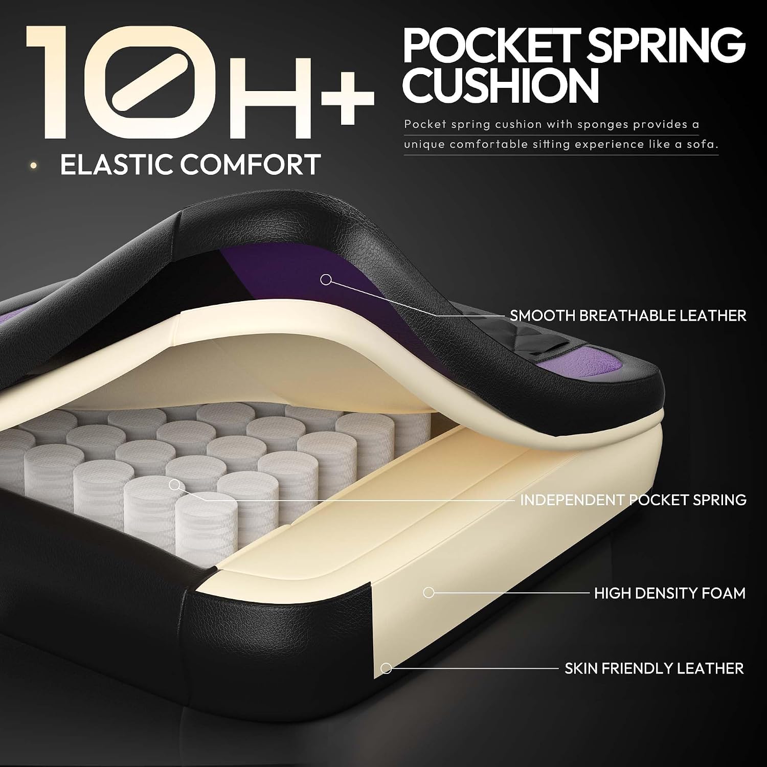Dowinx Gaming Chair with Pocket Spring Cushion, Ergonomic Computer Chair with Massage Lumbar and Footrest for Adults, High Back Game Chair Leather for Office Gaming 300LBS, Purple New