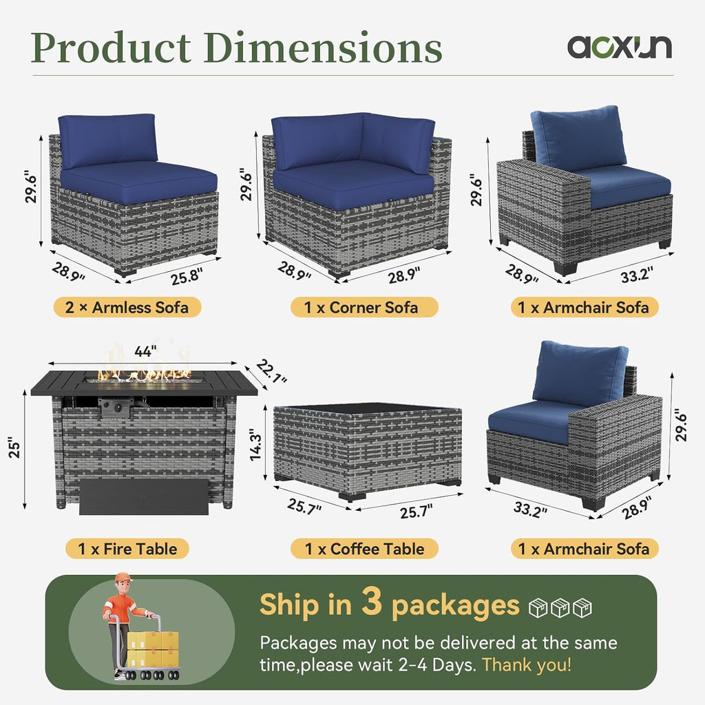 Aoxun 7 Piece Patio Furniture Set with Wide Armrests & 44' Fire Pit Table Wicker Rattan Outdoor Sectional Sofa Set with Coffee Table and Thickened Cushions, Gray/Blue(Waterproof Cover Included)