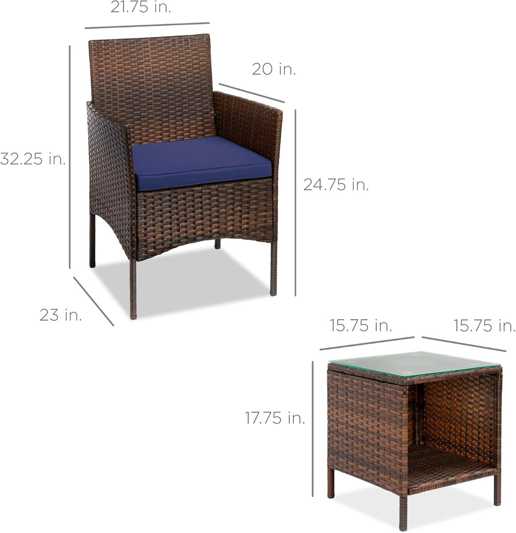 Best Choice Products 3-Piece Outdoor Wicker Conversation Bistro Set, Space Saving Patio Furniture for Garden w/Side Table - Brown/Navy