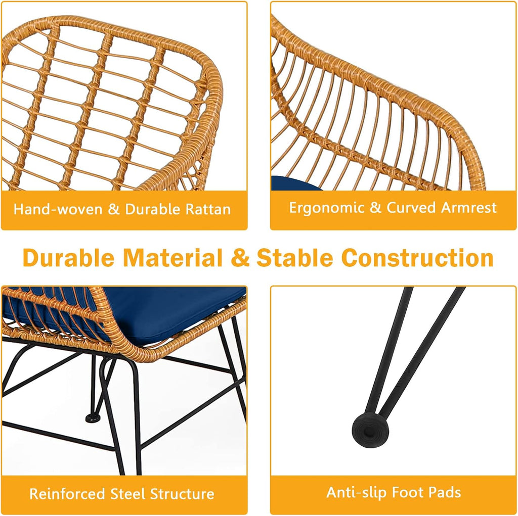 Tangkula 3 Pieces Patio Bistro Set, Rattan Conversation Set with 2 Cushioned Armchairs & Round Glass Coffee Table, Indoor Outdoor Wicker Furniture Set for Balcony, Backyard, Garden, Poolside