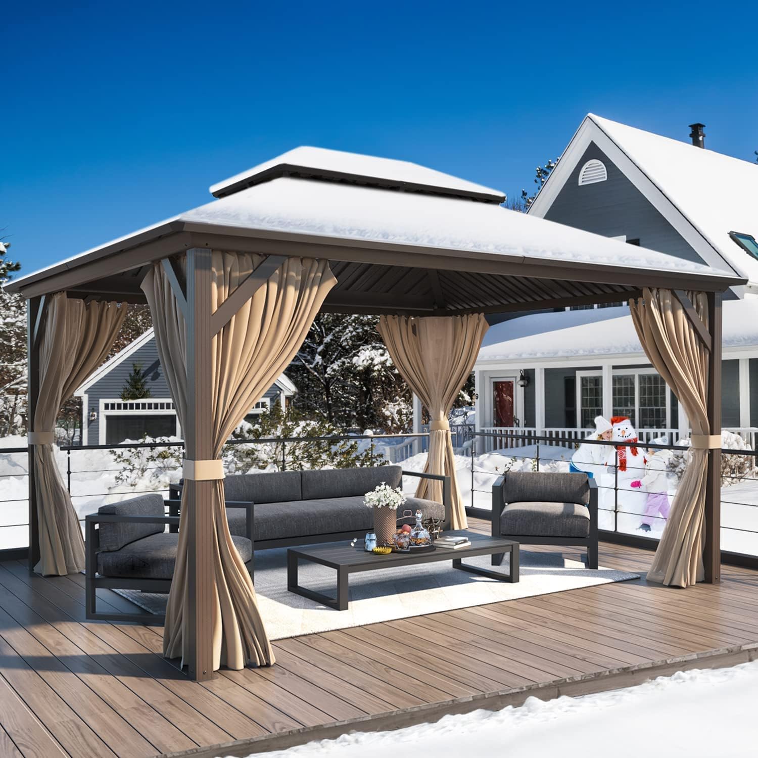 YOLENY 10'x12' Hardtop Gazebo with Double Galvanized Steel Roof, Gutters, Aluminum Frame, Curtains & Netting, Outdoor Metal Gazebos for Patio Garden Lawn Parties