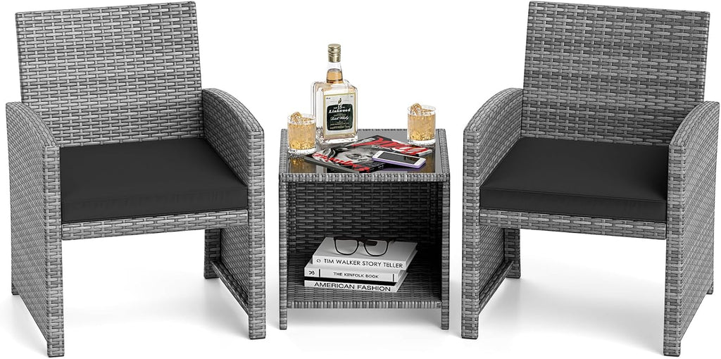 Tangkula 3 Pieces Patio Furniture Set, PE Rattan Outdoor Chairs with Tempered Glass Coffee Table & Soft Seat Cushions, Patio Bistro Set, Outdoor Conversation Set for Porch, Backyard Poolside (Black)