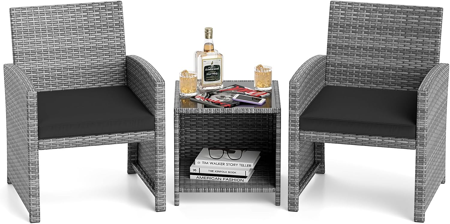 Tangkula 3 Pieces Patio Furniture Set, PE Rattan Outdoor Chairs with Tempered Glass Coffee Table & Soft Seat Cushions, Patio Bistro Set, Outdoor Conversation Set for Porch, Backyard Poolside (Black)