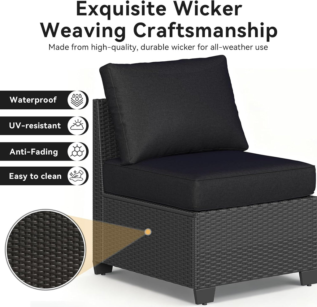 Aoxun 10-Piece Sectional Sofa with 44' Fire Pit, 4' Thicken Cushion, Widen Armrests Wicker for Backyard with Coffee Table, Black
