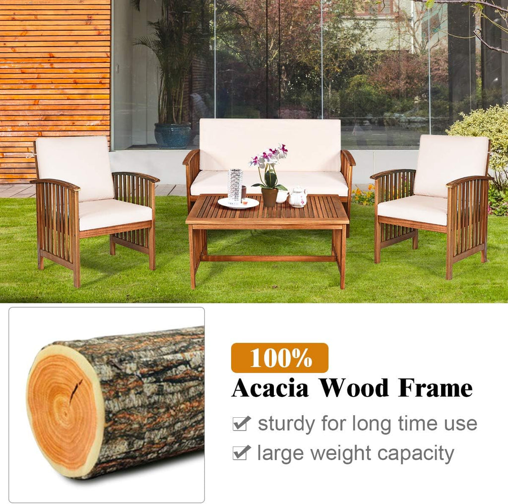 Tangkula Outdoor 8 Pcs Acacia Wood Sofa Set w/Water Resistant Cushions, Padded Patio Seating Chat Set w/Coffee Table for Garden, Backyard, Poolside (2, White)