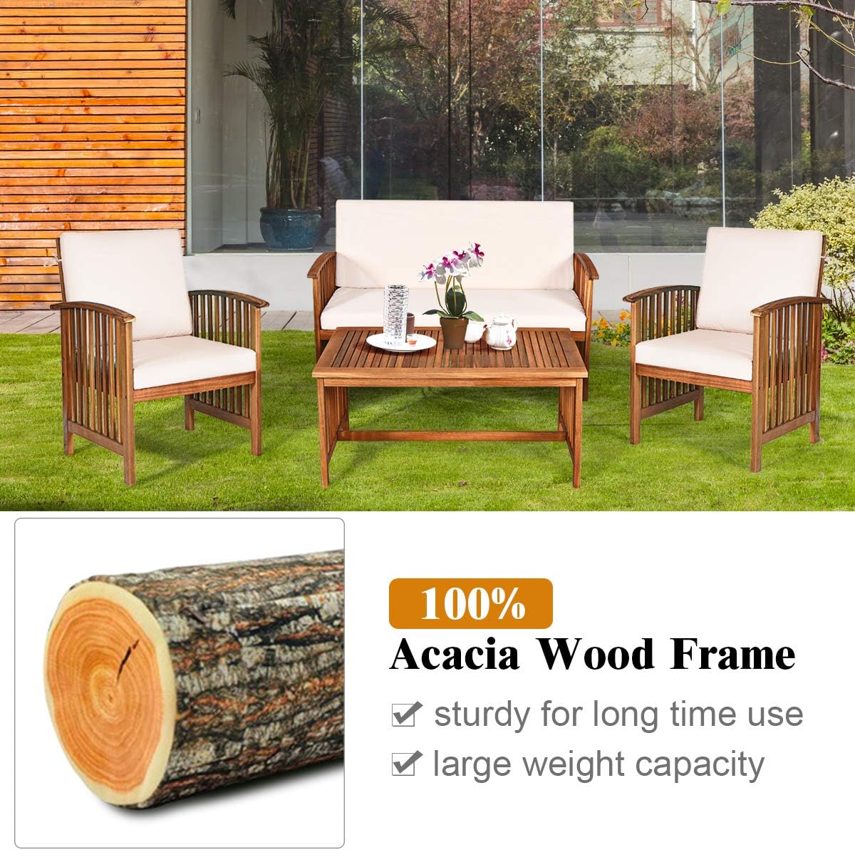 Tangkula Outdoor 8 Pcs Acacia Wood Sofa Set w/Water Resistant Cushions, Padded Patio Seating Chat Set w/Coffee Table for Garden, Backyard, Poolside (2, White)
