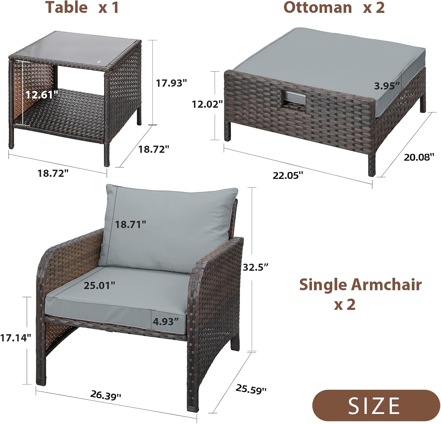LEVELEVE Balcony Furniture 5 Piece Patio Conversation Set, PE Wicker Rattan Outdoor Lounge Chairs with Soft Cushions 2 Ottoman&Glass Table for Porch, Lawn-Brown Wicker