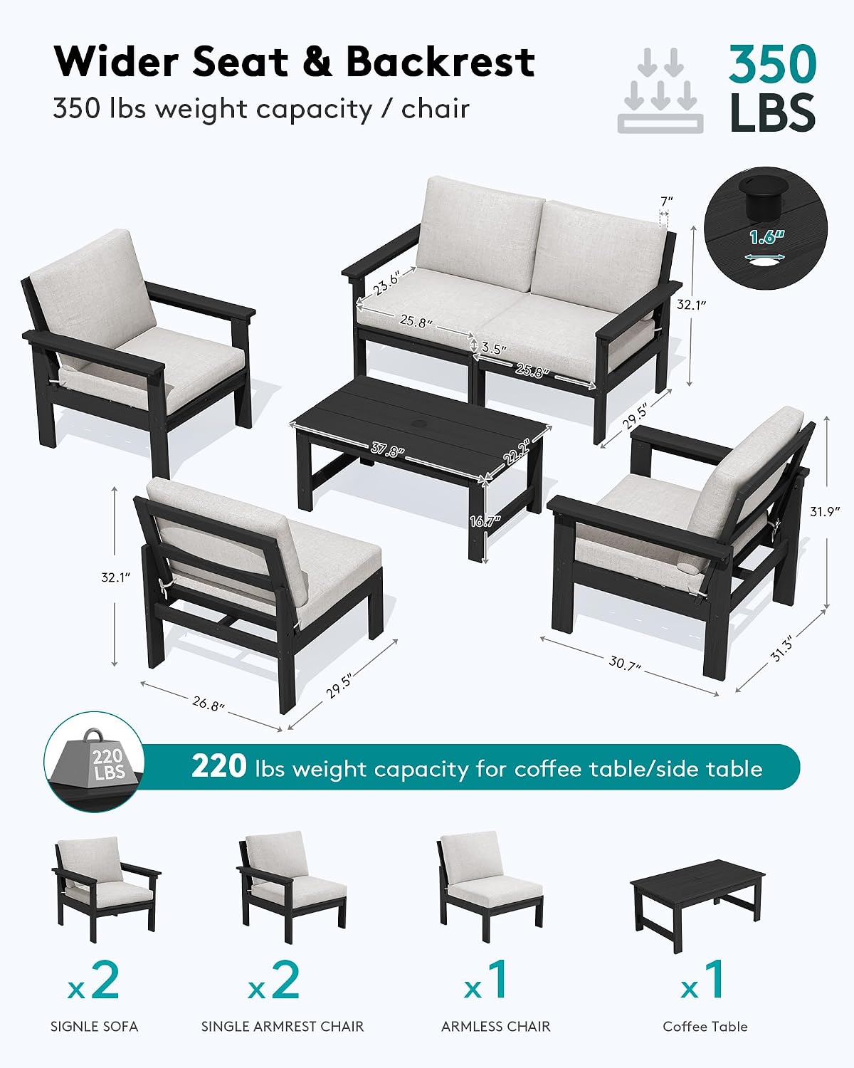 SERWALL HDPE Patio Conversation Set, 6-piece Sectional Outdoor Furniture Set, All Weather Outdoor Couch Set Patio Furniture Set for Deck, Lawn, Black Frame with Khaki Cushion