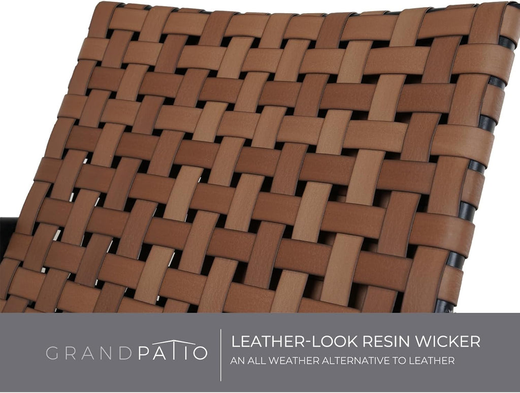 Grand patio Outdoor Bistro Set 3 Pieces Leather-Look Wicker Patio Chairs Set Powder Coated Aluminum Frame with Outdoor Chairs Set of 2 and Side Table for Garden Backyard Balcony Brown